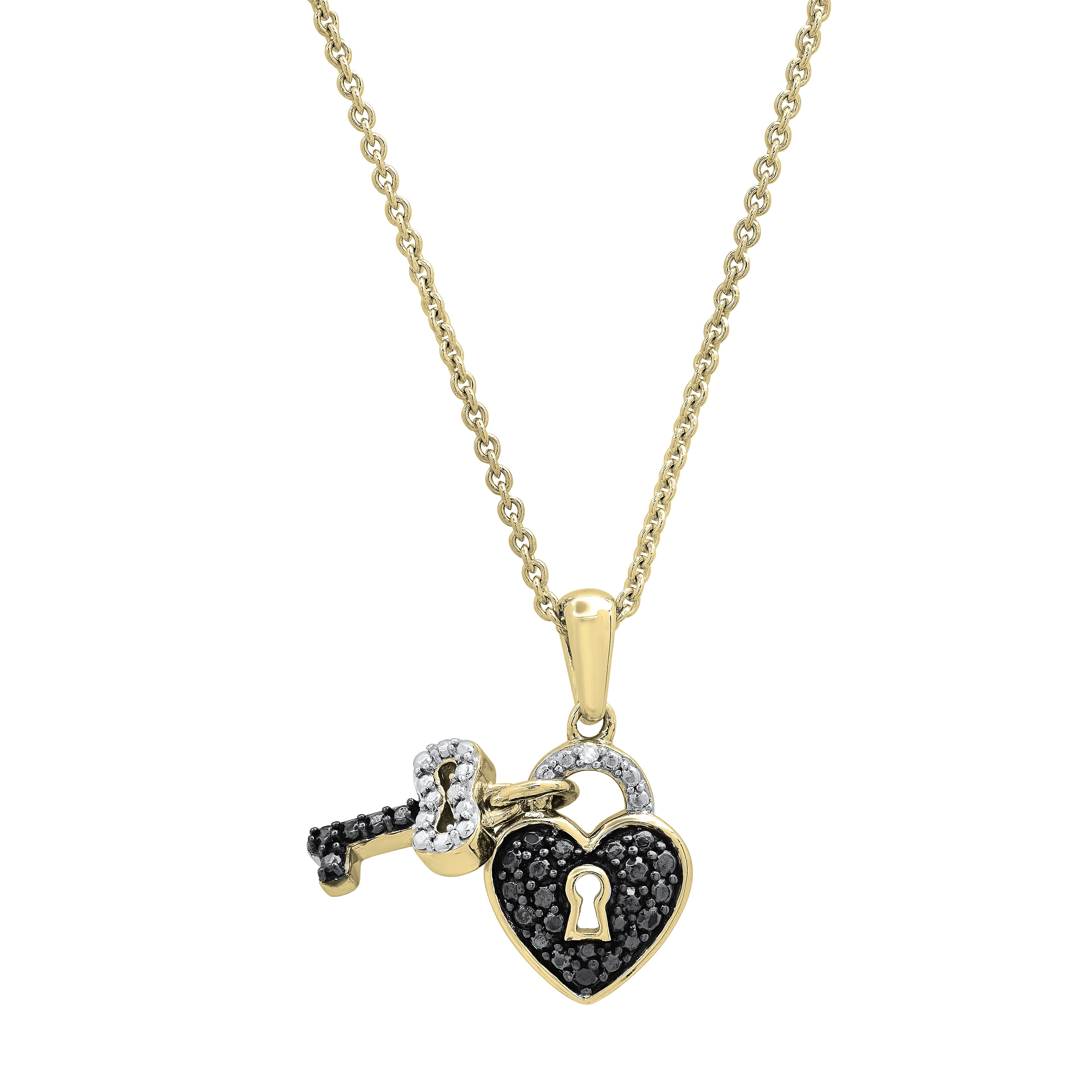 Dazzlingrock Collection 0.15 Carat (ctw) Round Black & White Diamond Heart Lock & Key Pendant for Women with 18 Inch Gold Chain in 18K Yellow Gold