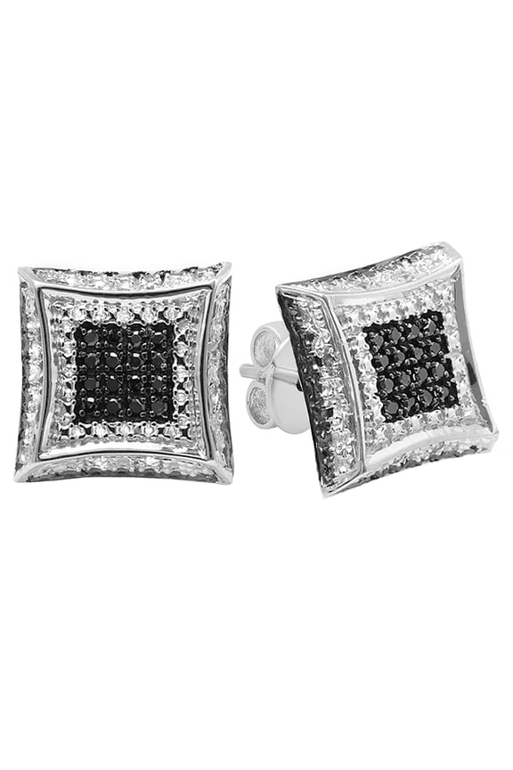 Collection 0.16 Ctw Round Black & White Diamond 9.5mm Kite Micropave Hip Hop Iced Out Studs in 925 Sterling Silver, Push Back,Unisex Design Ladies,Mens Real Diamond Earrings