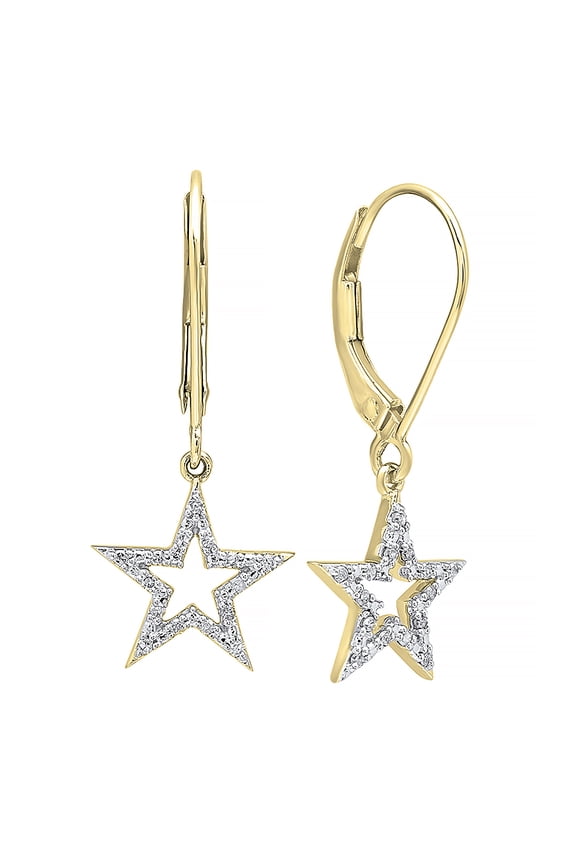 Collection 0.15 Cttw Round White Diamond Star Shape Lever Back Fashion Dangling Earrings For Her,10K Solid Yellow Gold