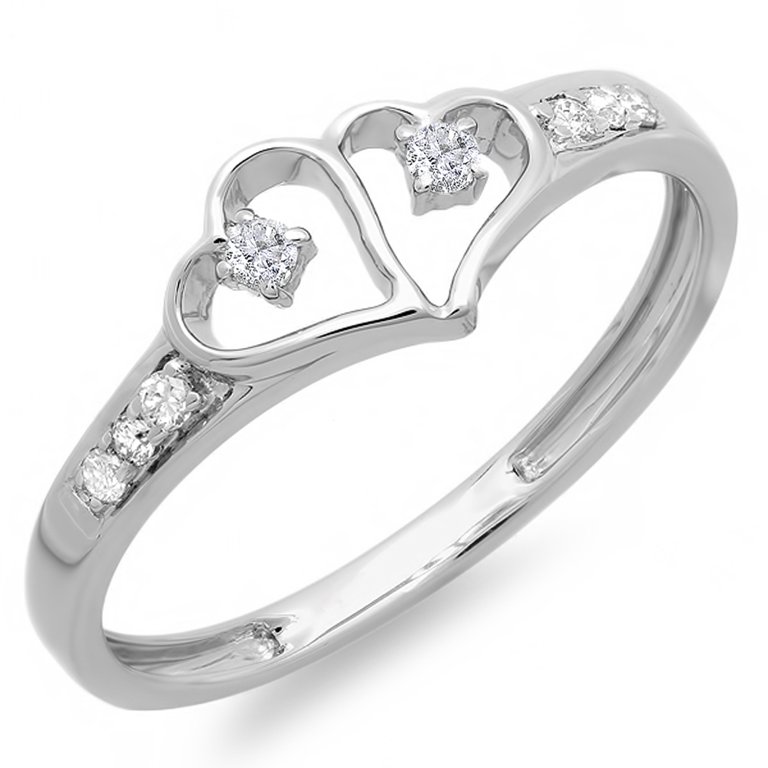 0.15 Carat 10k White Gold Diamond Promise Ring - Two Heart Infinity Design, Size 7