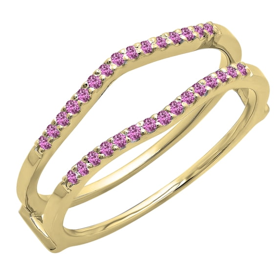 Dazzlingrock Collection 0.18 Carat (ctw) 14K Round Pink Sapphire Ladies Wedding Band Guard Double Ring, Yellow Gold, Size 6.5