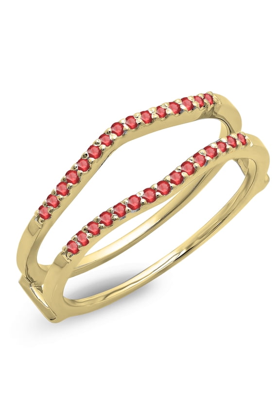 Collection 0.18 Carat (ctw) 14K Round Ruby Ladies Wedding Band Enhancer Guard Double Ring, Yellow Gold, Size 7