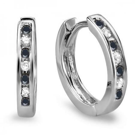 Dazzlingrock Collection 0.18 Carat (ctw) 14K Small Round Black & White Diamond Huggie Hoop Earrings, White Gold