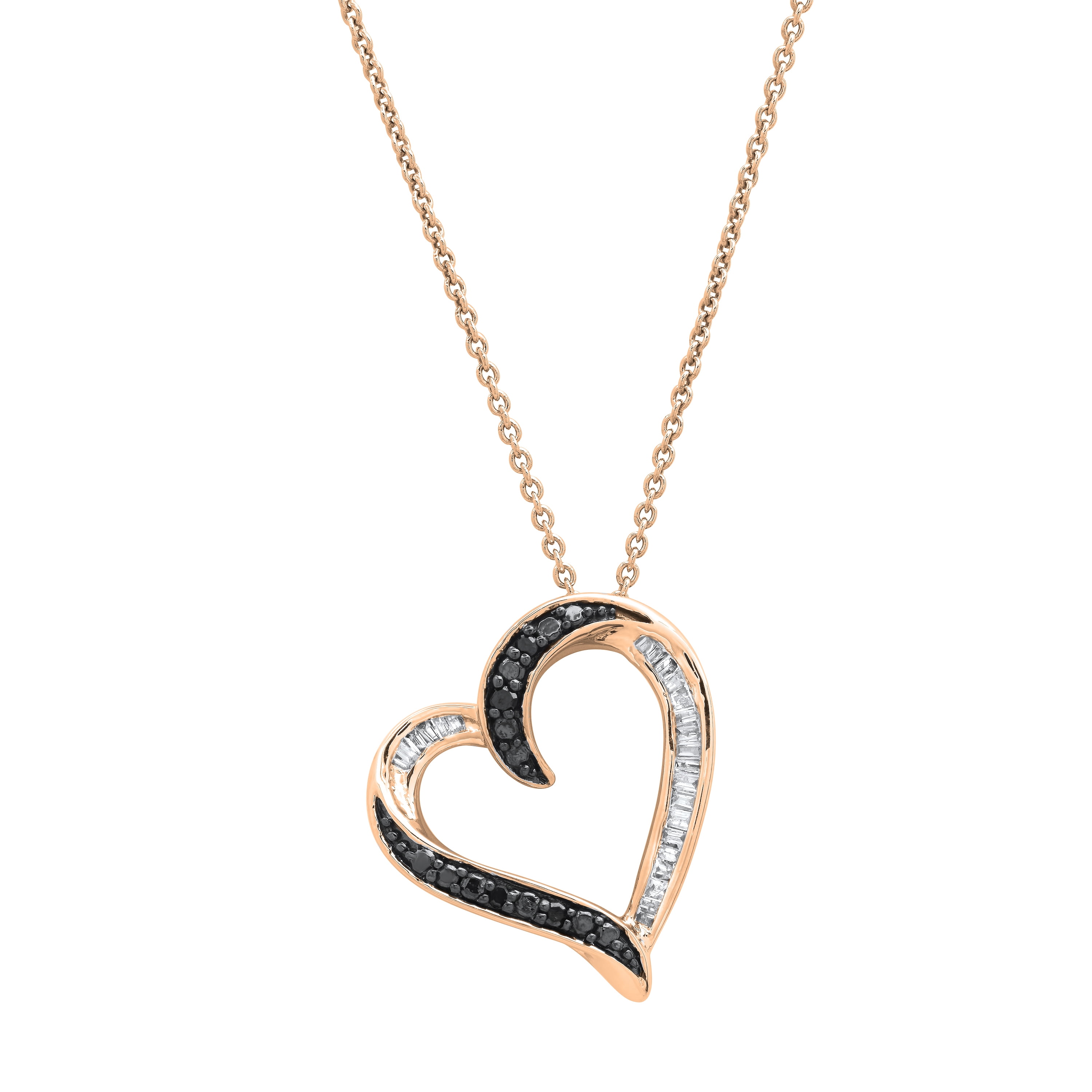 Dazzlingrock Collection 0.20 CT Round Black, Baguette White Diamond Heart Pendant for Women, 10K Rose Gold