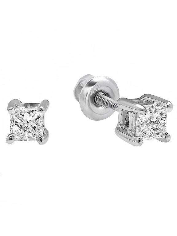 Collection 0.20 Carat (ctw) 10k Princess Diamond Square Shape Ladies Solitaire Stud Earrings 1/5 CT, White Gold