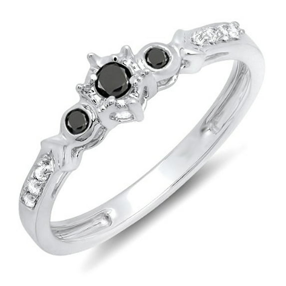 Dazzlingrock Collection 0.20 Carat (ctw) 10k Round Black And White Diamond 3 Stone Ladies Bridal Engagement Promise Ring 1/5 CT, White Gold, Size 5.5