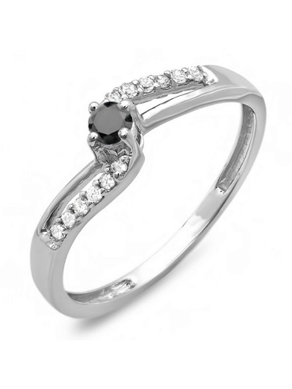 Collection 0.20 Carat (ctw) 10k Round Black & White Diamond Wave Bridal Promise Ring 1/5 CT, White Gold, Size 6.5