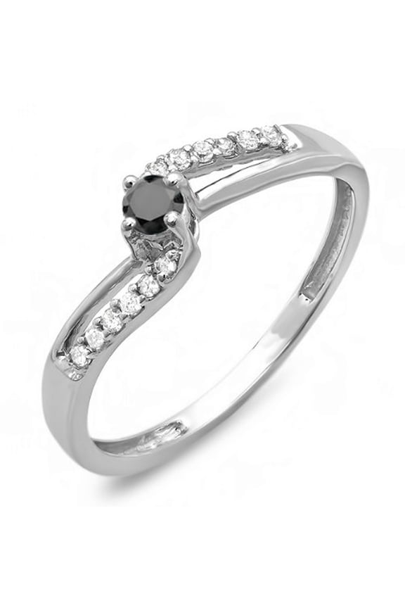 Collection 0.20 Carat (ctw) 10k Round Black & White Diamond Wave Bridal Promise Ring 1/5 CT, White Gold, Size 6.5