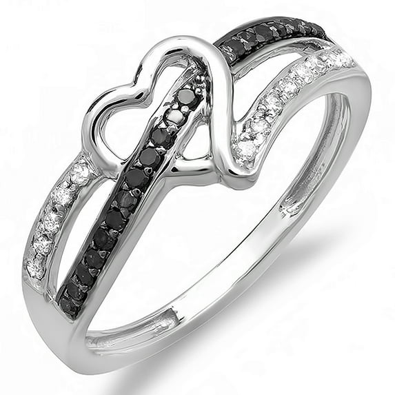Dazzlingrock Collection 0.20 Carat (ctw) 10k Round Black and White Diamond Ladies Promise Heart Love Engagement Ring 1/5 CT, White Gold, Size 8.5