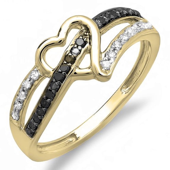Dazzlingrock Collection 0.20 Carat (ctw) 10k Round Black and White Diamond Ladies Promise Heart Love Engagement Ring 1/5 CT, Yellow Gold, Size 6.5