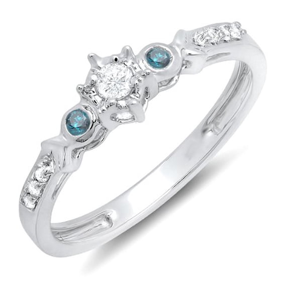 Dazzlingrock Collection 0.20 Carat (ctw) 18k Round Blue & White Diamond 3 Stone Bridal Promise Ring 1/5 CT, White Gold, Size 9