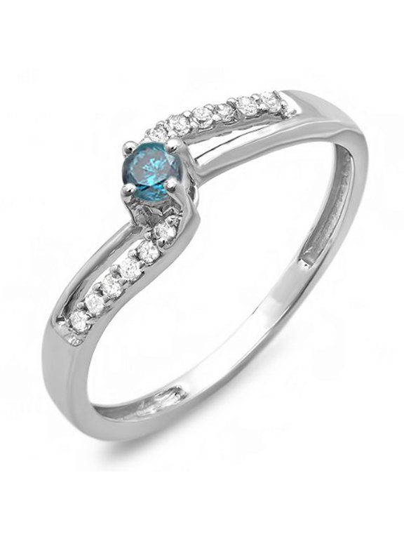 Collection 0.20 Carat (ctw) 18k Round Blue & White Diamond Wave Bridal Promise Ring 1/5 CT, White Gold, Size 6.5