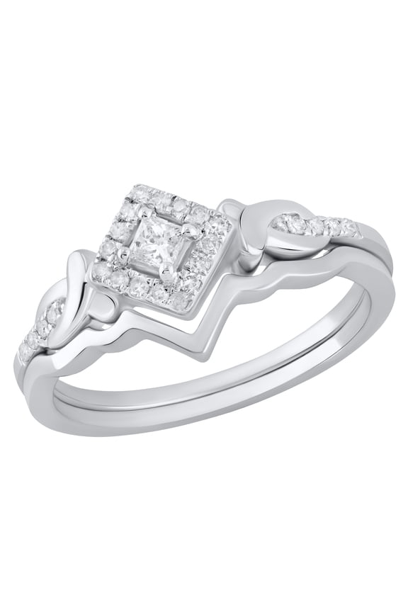 Collection 0.23 CT Princess, Round Diamond Wedding Ring Set Sterling Silver, Size 5