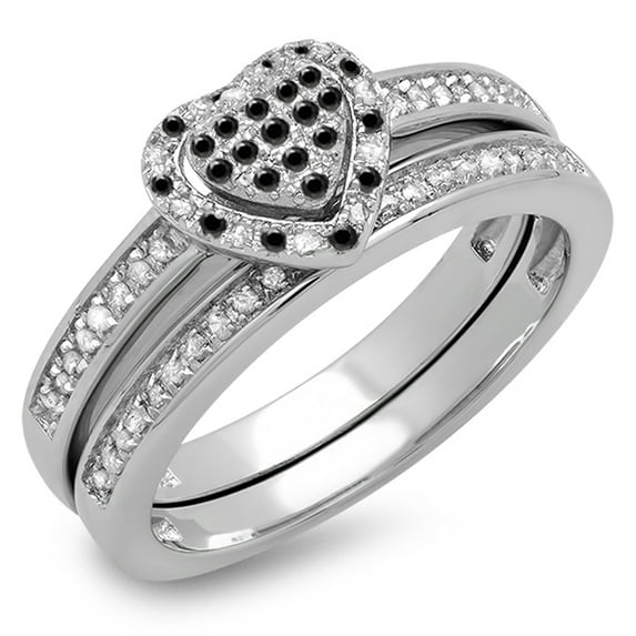 Dazzlingrock Collection 0.23 Carat (ctw) Sterling Silver Black & White Diamond Heart Shape Engagement Ring Set 1/4 CT, Size 5