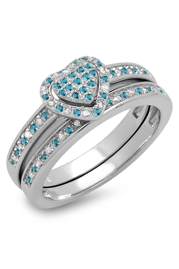 Collection 0.23 Carat (ctw) Sterling Silver Blue & White Diamond Heart Shape Engagement Ring Set 1/4 CT, Size 7.5