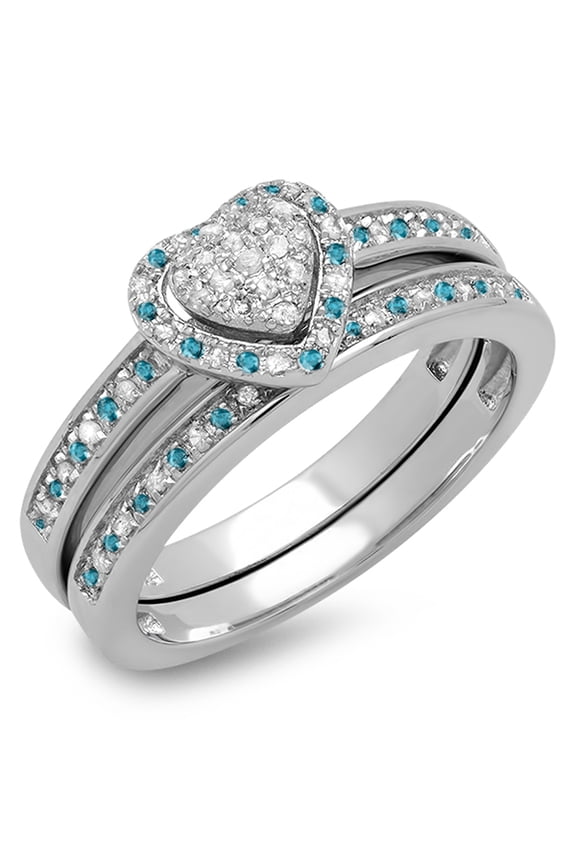 Collection 0.23 Carat (ctw) Sterling Silver Blue & White Diamond Heart Shape Engagement Ring Set 1/4 CT, Size 9