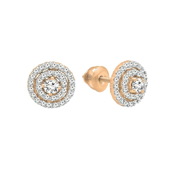Dazzlingrock Collection 0.25 CT Round White Diamond Double Halo Stud Earrings for Her, 14K Rose Gold