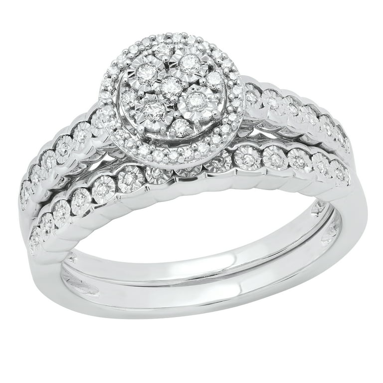 LADIES BRIDAL SET 0.25CT ROUND DIAMOND STERLING SILVER WHITE