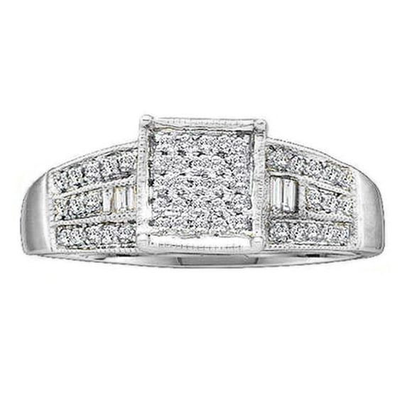 Dazzlingrock Collection 0.25 Carat (ctw) 10K Round And Baguette Diamond Micro Pave Engagement Ring 1/4 CT, White Gold, Size 8