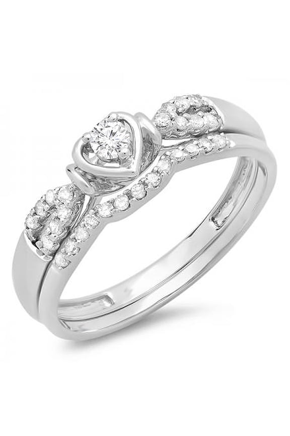 Collection 0.25 Carat (ctw) 10K Round Diamond Heart Shaped Bridal Engagement Ring Set 1/4 CT, White Gold, Size 9.5