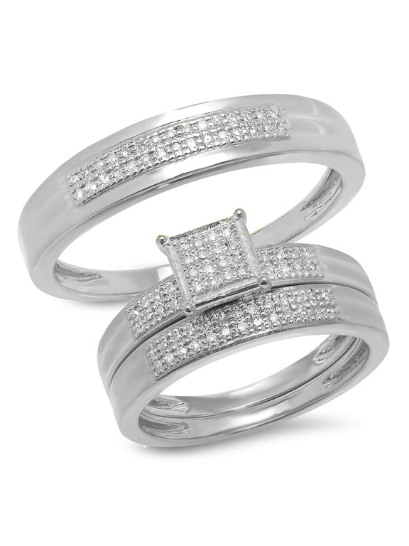 Collection 0.25 Carat (ctw) 10K White Diamond Men's & Women's Micro Pave Engagement Ring Trio Bridal Set, White Gold