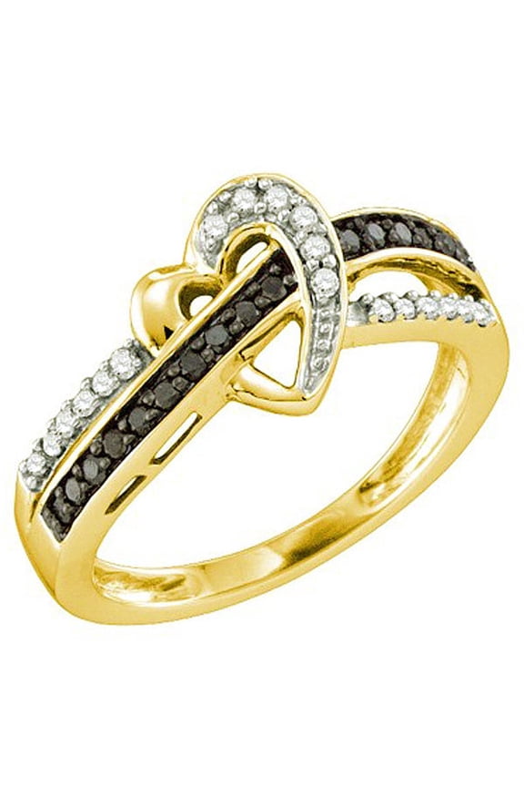 Collection 0.25 Carat (ctw) 10k Round Black & White Diamond Ladies Crossover Heart Bridal Promise Ring, Yellow Gold