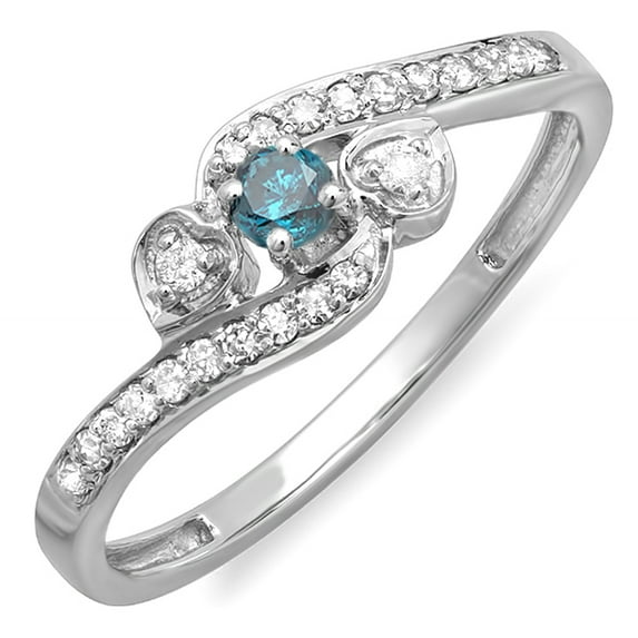 Dazzlingrock Collection 0.25 Carat (ctw) 10k Round Blue And White Diamond Ladies Bridal Promise Heart 3 Stone Swirl Engagement Ring 1/4 CT, White Gold, Size 9