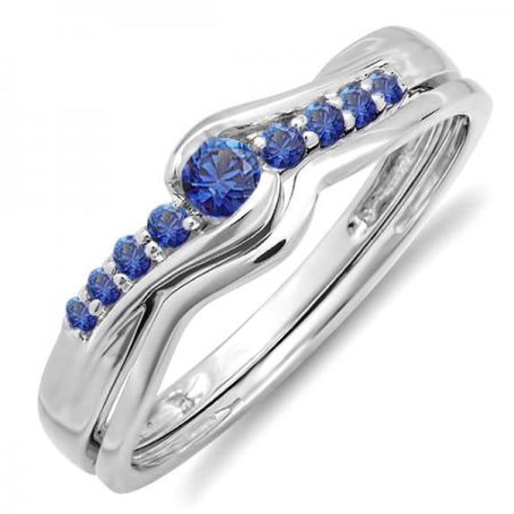 Dazzlingrock Collection 0.25 Carat (ctw) 10k Round Blue Sapphire Ladies Bridal Promise Engagement Wedding Set Ring with Matching Band 1/4 CT, White Gold, Size 8