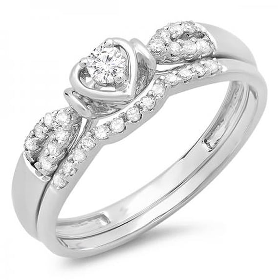 Dazzlingrock Collection 0.25 Carat (ctw) 10k Round Diamond Ladies Heart Shaped Bridal Engagement Ring Matching Band Set 1/4 CT, White Gold, Size 6.5