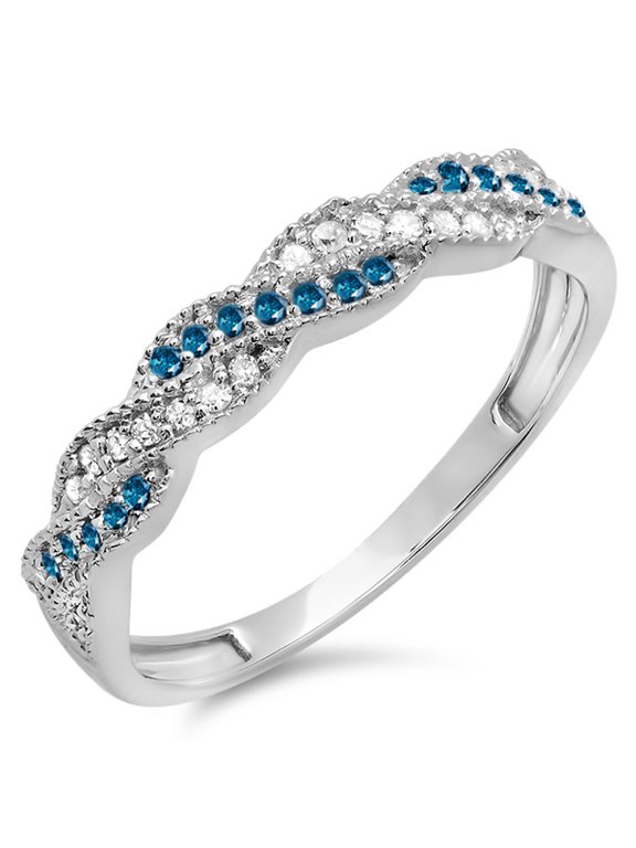 Collection 0.25 Carat (ctw) 10k Round White & Blue Diamond Wedding Stackable Swirl Band 1/4 CT, White Gold, Size 7.5