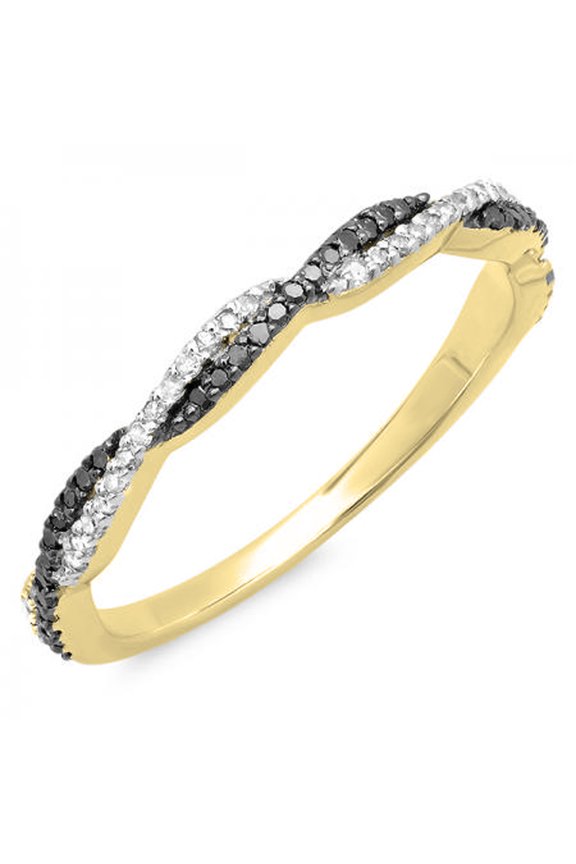 Collection 0.25 Carat (ctw) 18k Round Black & White Diamond Ladies Anniversary Wedding Band Swirl Stackable Ring 1/4 CT, Yellow Gold, Size 5.5
