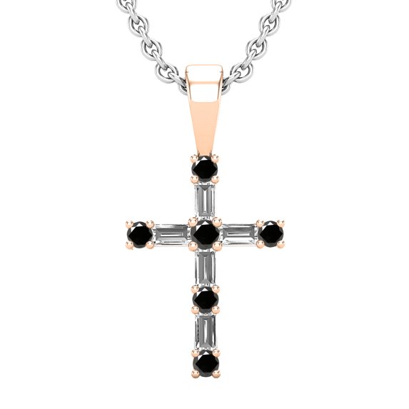 Dazzlingrock Collection 0.25 Carat (ctw) Round Black Diamond & Baguette White Diamond Religious Cross Pendant for Women with 18 Inch Silver Chain in 10K Rose Gold