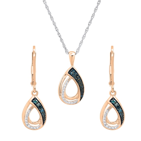 Dazzlingrock Collection 0.25 Carat (ctw) Round Blue & White Diamond Pear Shaped Teardrop Earrings & Pendant Set for Women in 10K Rose Gold