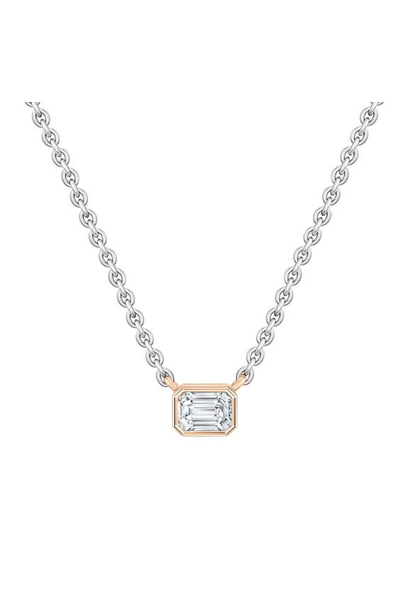 Collection 0.25 cttw Emerald Lab Grown White Diamond Solitaire Sideways Pendant with 18 inch Silver Chain for Women in 18K Solid Rose Gold