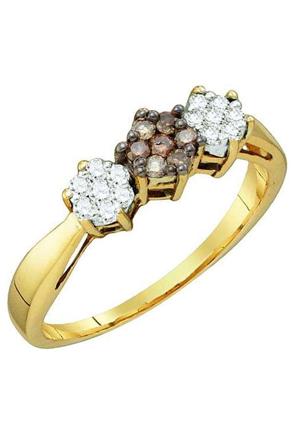 Collection 0.26 Carat (ctw) 10K White & Cognac Diamond Ladies Cluster Flower Right Hand Ring 1/4 CT, Yellow Gold