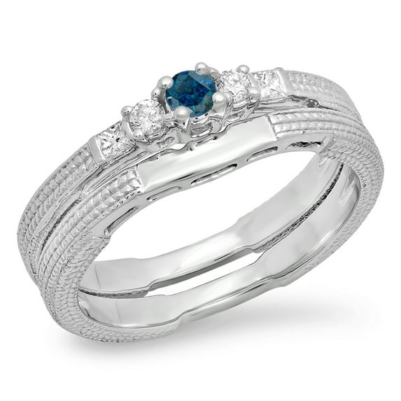 Dazzlingrock Collection 0.30 Carat (ctw) 10K Blue & White Diamond 5 Stone Engagement Ring Band Set 1/3 CT, White Gold, Size 7