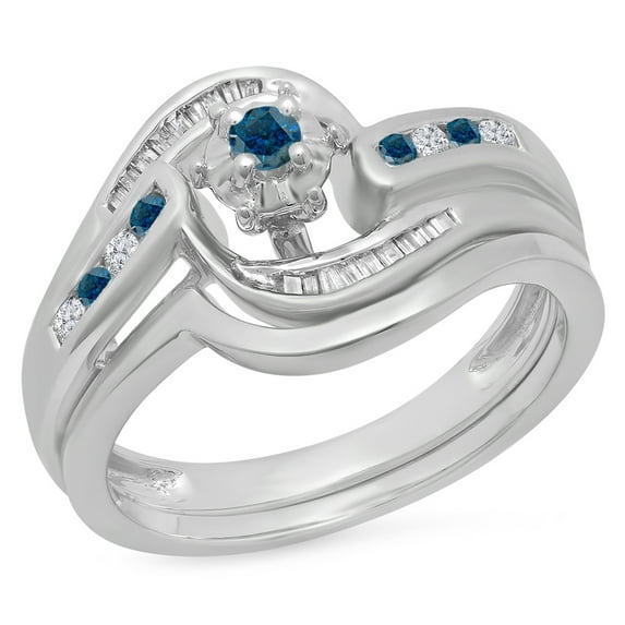 Dazzlingrock Collection 0.30 Carat (ctw) 10K Blue & White Diamond Twisted Engagement Ring Set 1/3 CT, White Gold, Size 6.5