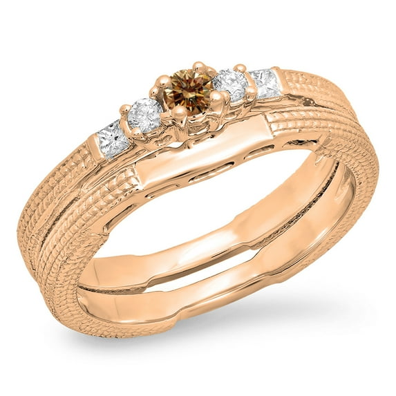 Dazzlingrock Collection 0.30 Carat (ctw) 10K Champagne & White Diamond 5 Stone Engagement Ring Set 1/3 CT, Rose Gold, Size 8.5