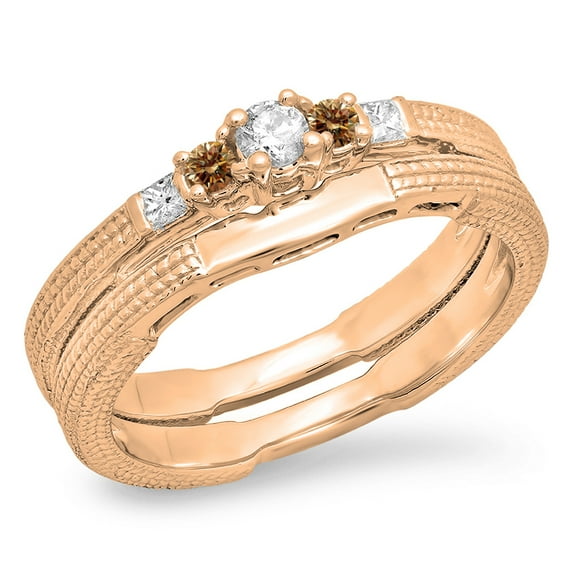 Dazzlingrock Collection 0.30 Carat (ctw) 10K Champagne & White Diamond 5 Stone Engagement Ring Set 1/3 CT, Rose Gold, Size 9.5