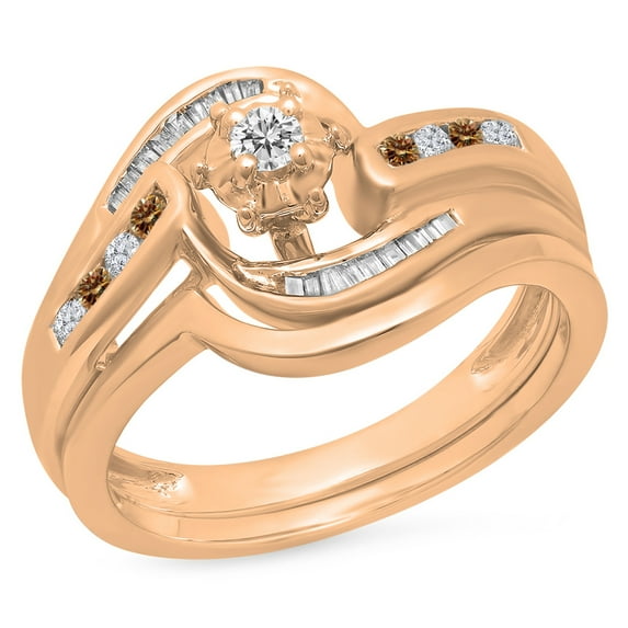 Dazzlingrock Collection 0.30 Carat (ctw) 10K Champagne & White Diamond Twisted Engagement Ring Set 1/3 CT, Rose Gold, Size 9