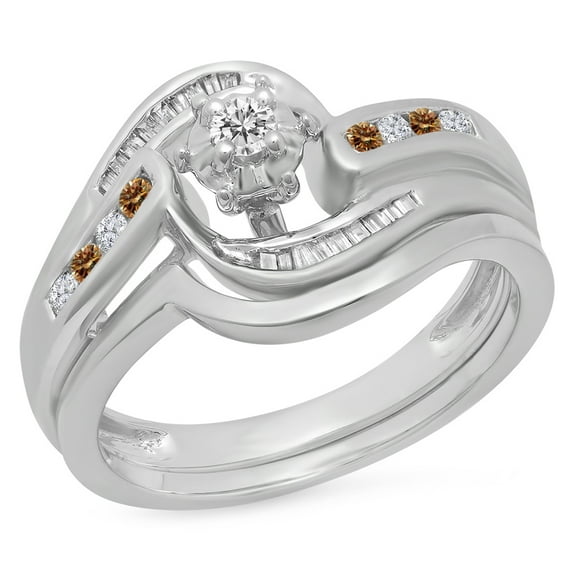 Dazzlingrock Collection 0.30 Carat (ctw) 10K Champagne & White Diamond Twisted Engagement Ring Set 1/3 CT, White Gold, Size 5.5