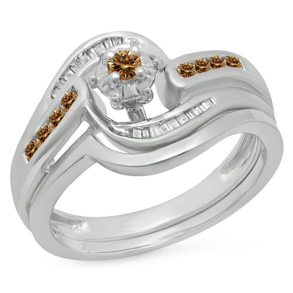 Dazzlingrock Collection 0.30 Carat (ctw) 10K Champagne & White Diamond Twisted Engagement Ring Set 1/3 CT, White Gold, Size 9