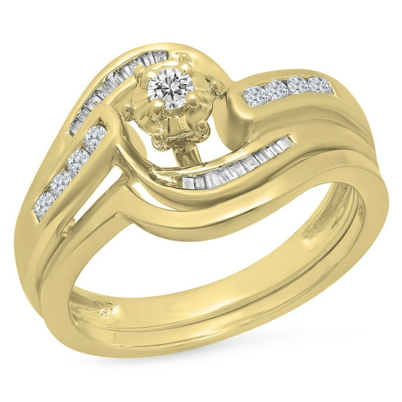 Dazzlingrock Collection 0.30 Carat (ctw) 10K Round & Baguette Diamond Bridal Engagement Ring Set 1/3 CT, Yellow Gold, Size 6.5