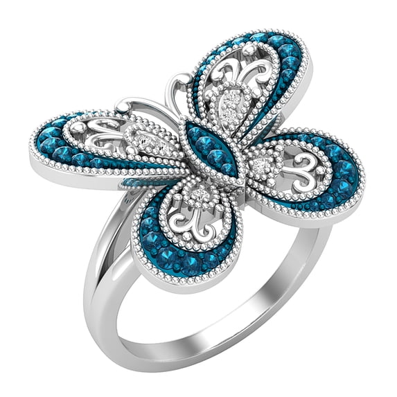 Dazzlingrock Collection 0.30 Carat (ctw) Round Blue & White Diamond Butterfly Cocktail Right Hand Ring for Women in 14K White Gold, Size 8.5
