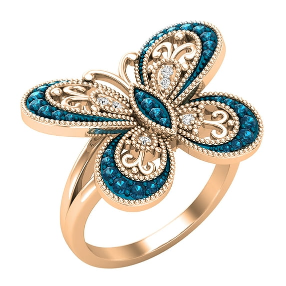 Dazzlingrock Collection 0.30 Carat (ctw) Round Blue & White Diamond Butterfly Cocktail Right Hand Ring for Women in 18K Rose Gold, Size 8.5