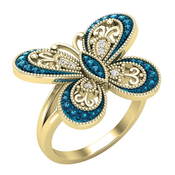 Dazzlingrock Collection 0.30 Carat (ctw) Round Blue & White Diamond Butterfly Cocktail Right Hand Ring for Women in 18K Yellow Gold, Size 9.5