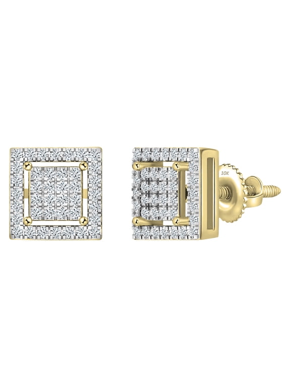 Collection 0.32 CT 10K Round White Diamond Square Stud Earrings, Yellow Gold