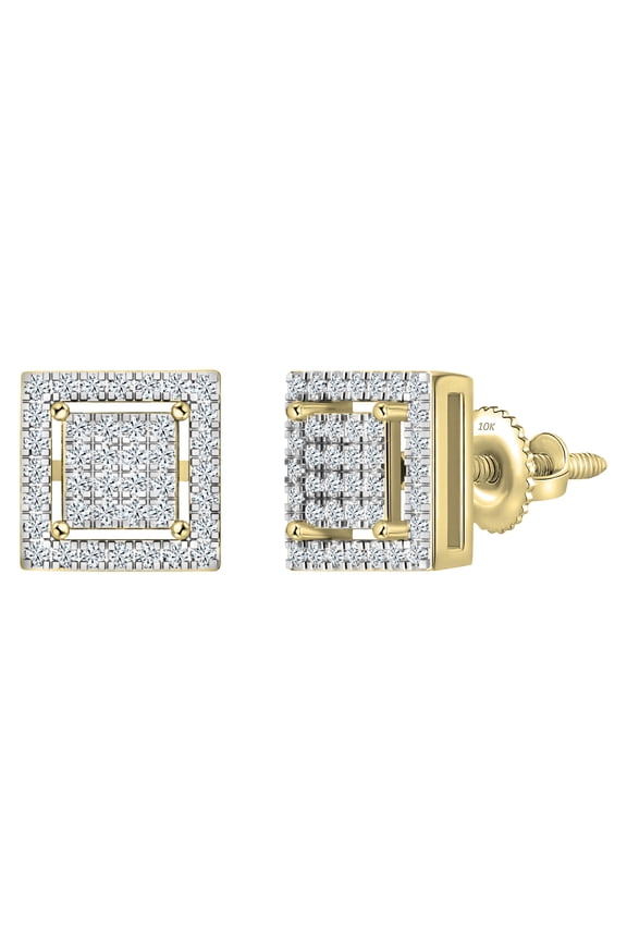 Collection 0.32 CT 10K Round White Diamond Square Stud Earrings, Yellow Gold