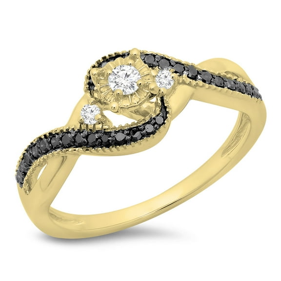 Dazzlingrock Collection 0.33 Carat (ctw) 10K Black & White Diamond Twisted 3 Stone Engagement Ring 1/3 CT, Yellow Gold, Size 7.5