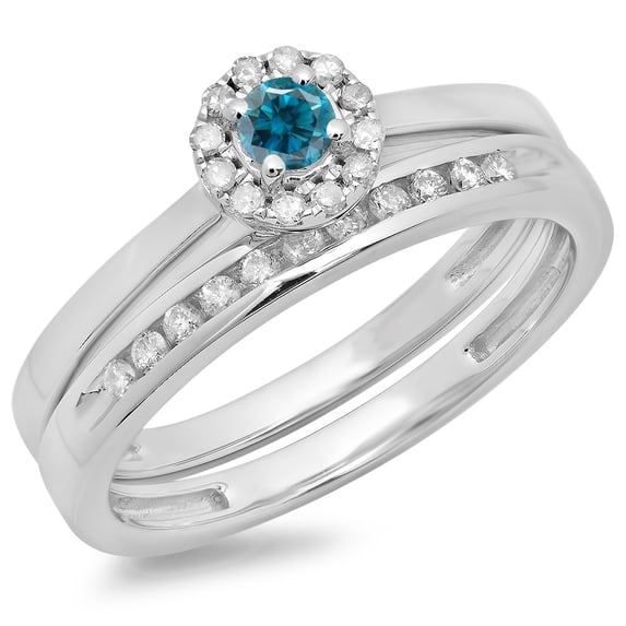 Dazzlingrock Collection 0.33 Carat (ctw) 10K Blue & White Diamond Bridal Halo Engagement Ring Set 1/3 CT, White Gold, Size 8.5